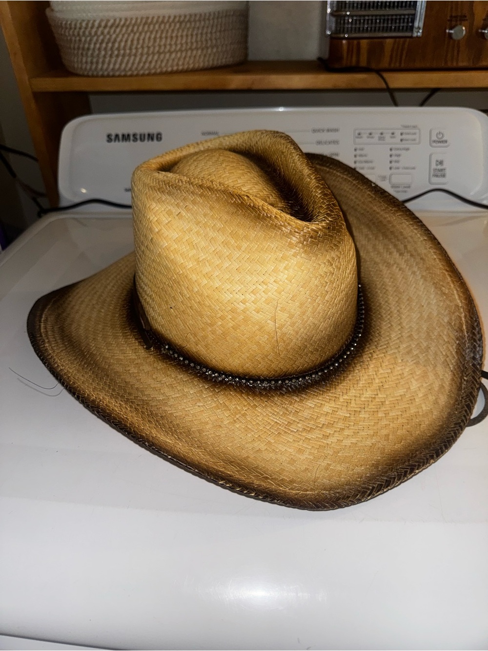 Women’s Straw Cowboy Hat in Tan with Dark Brown Trim - Picture 3 of 15